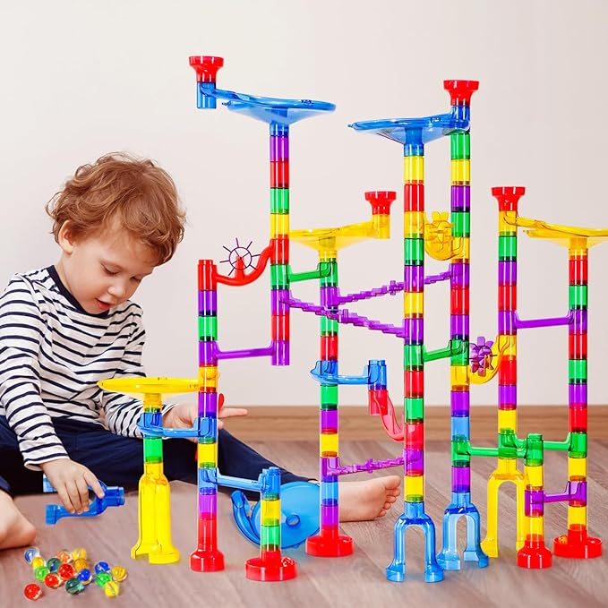 Meland Marble Run - 132Pcs Marble Maze Game Building Toy for Kid, Marble Track Race Set & STEM Learning Toys for Boy Girl Age 3 4 5 6 7 8 9+ (102 Translucent Marbulous Pcs & 30 Glass Marbles)
