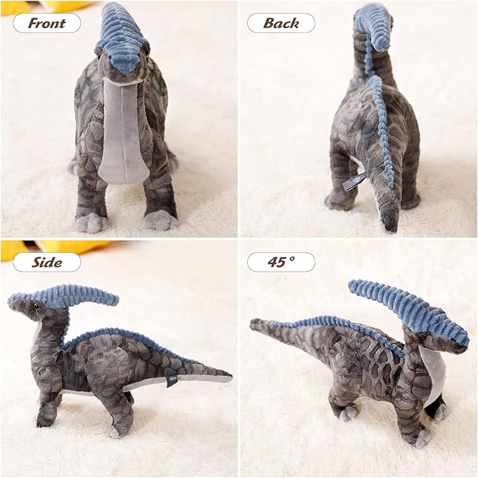 Dinosaur Plush Toy, 16" Parasaurolophus Stuffed Animal Throw Plushie Pillow Doll, Soft Grey Fluffy Friend Hugging Cushion - Present for Every Age & Occasion