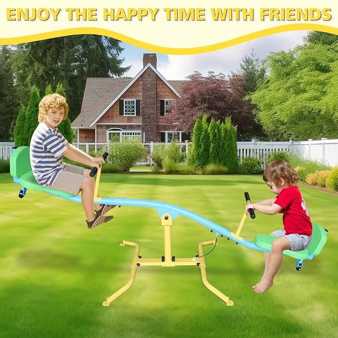 360 Degree Rotation Seesaw Swivel Teeter-Totter, 2/3/4 Seats Sit and Spin Outdoor Playground Equipment for Kids, Toddlers, Boys, Children (Green-2 Padded Seats)