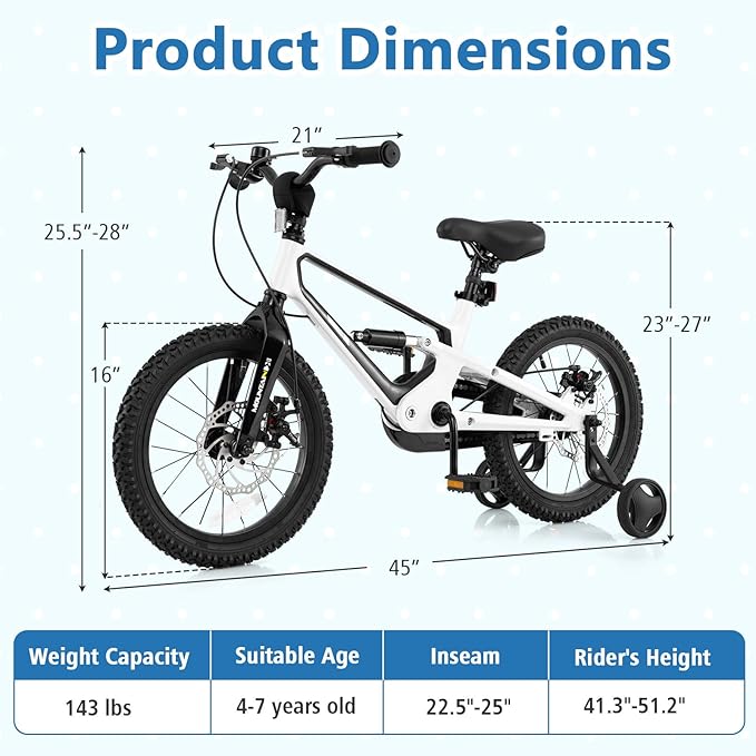 BABY JOY Kids Bike, 16" Magnesium Sporty Bicycle with Dual Disc Brakes, Removable Training Wheels, Body Suspension, Adjustable Handlebar & Saddle, Girls Boys Bike
