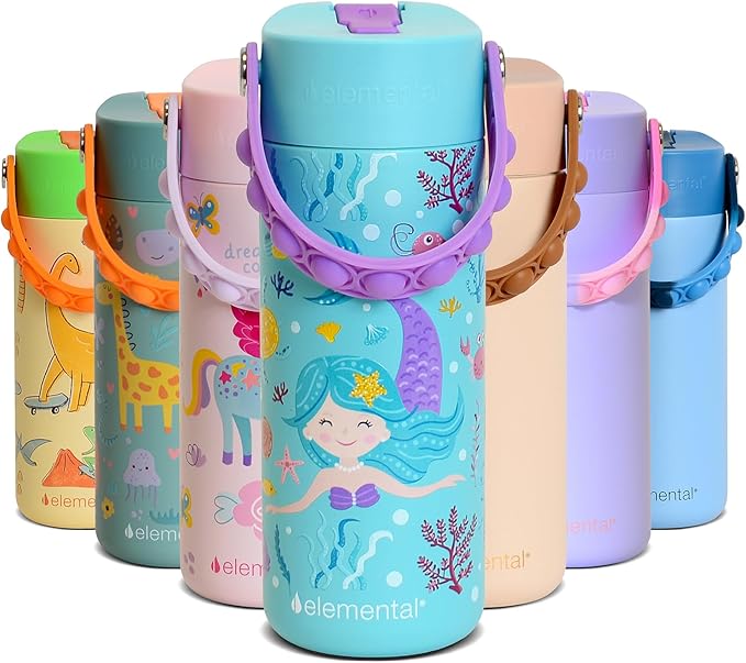 Elemental Insulated Kids Water Bottle, Stainless Steel Water Bottle with Straw Lid & Pop-It Handle, Leak-Proof Water Bottles for School, Boys or Girls, Travelling and Sports, 18oz - Mermaid