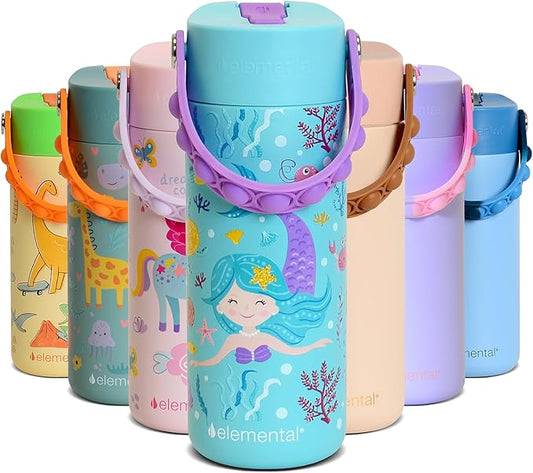 Elemental Insulated Kids Water Bottle, Stainless Steel Water Bottle with Straw Lid & Pop-It Handle, Leak-Proof Water Bottles for School, Boys or Girls, Travelling and Sports, 18oz - Mermaid
