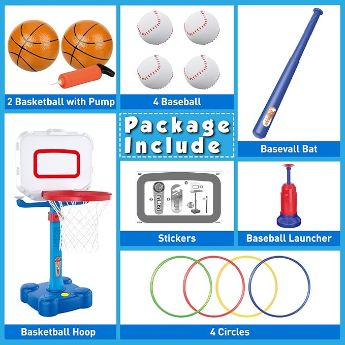 Toddler Basketball Hoop & Baseball Toy Set - Sturdy Adjustable Basketball Stand with Ball Launcher - Multi-Sport Backyard Toy for Boys & Girls Ages 1 2 3 - Includes Basketballs & Baseballs