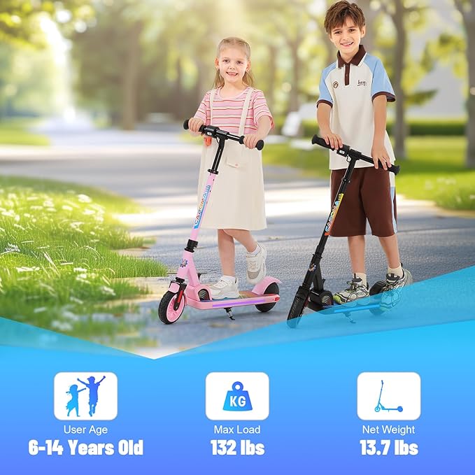 Caroma Electric Scooter for Kids Ages 6-14, 180W/150W Motor & 10 Mph, 85 Mins Ride Time, Adjustable Height & Speed, LED Display & Colorful Lights, Kids Electric Scooter, Best Gifts for Girls and Boy