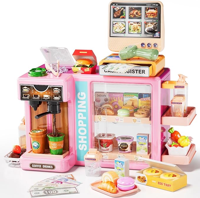 Kids Grocery Store Playset, Pretend Play Store with Kids Cash Register Scanner, Play Coffee Maker, Toy Foods,Play Money, Luxury Supermarket Toy Set, Preschool Toys for Kid Girls Gifts