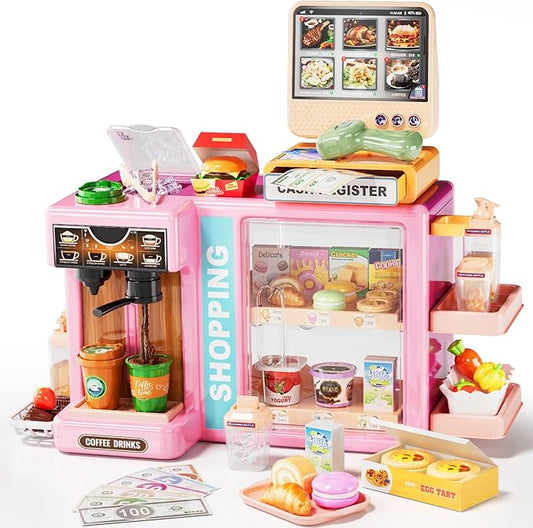 Kids Grocery Store Playset, Pretend Play Store with Kids Cash Register Scanner, Play Coffee Maker, Toy Foods,Play Money, Luxury Supermarket Toy Set, Preschool Toys for Kid Girls Gifts