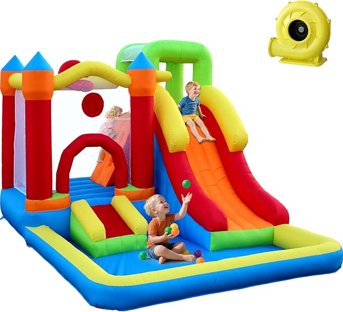 6-in-1 Bounce House with Climbing Wall, Slide & Ball Pit, Inflatable Bouncy Castle with Blower & Basketball Hoop for Backyard, Playground for Kids Toddlers Ages 3-12 (12.5′D x 8.6′W x 7′H)