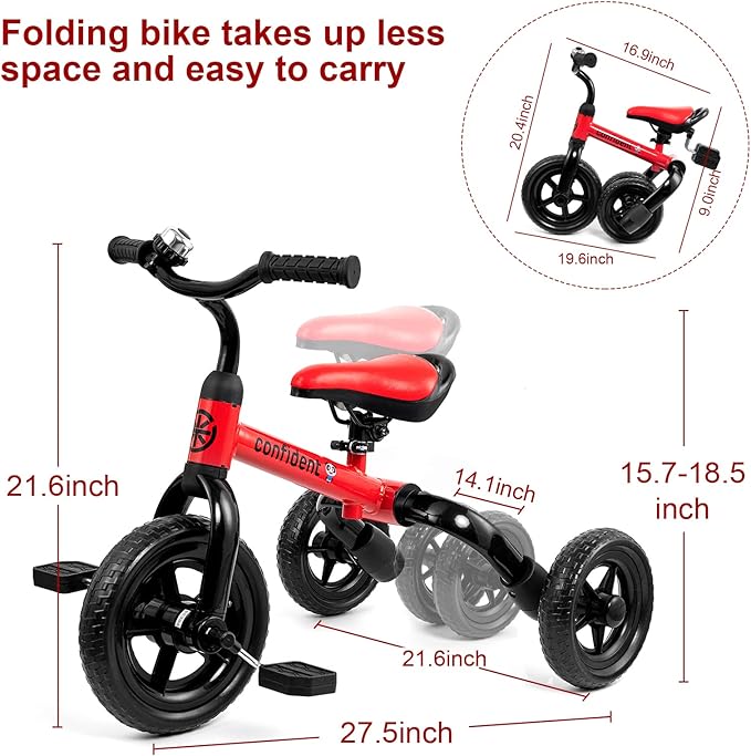 XPIY Tricycle for Toddlers Age 2-5 Years Old, 3 in 1 Folding Toddler Bike for Boys and Girls, Kids' Bike Trike with Detachable Pedal and Adjustable Seat (RED)