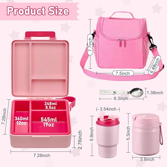 Bento Lunch Box for Kids with 17oz Soup Thermo,Insulated Tumbler Water Bottle and Insulated Lunch Bag,Leak-Proof 3 Compartment Lunch Food Container with Ice Pack for Kids to School-Pink