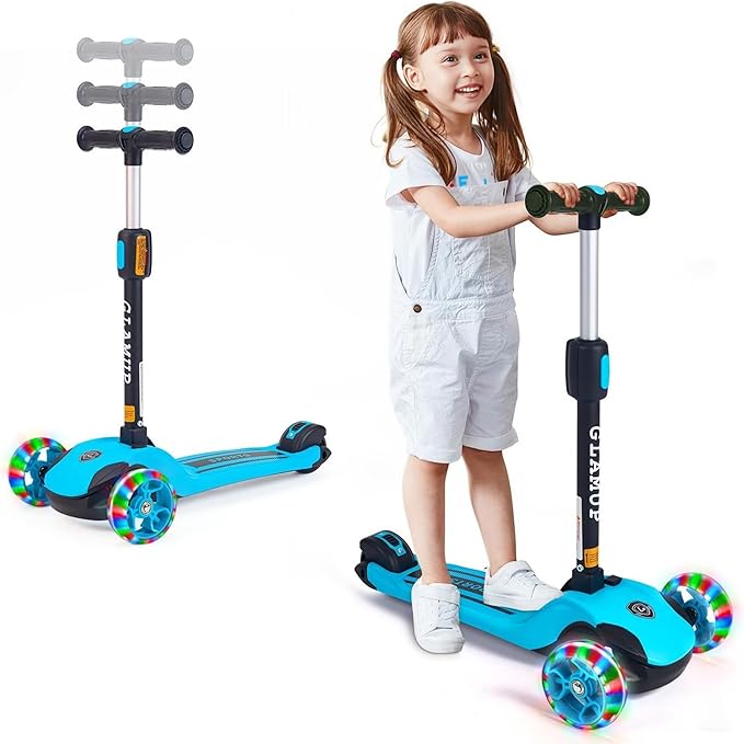 GLAMUP Kids Kick Scooter 3 Wheels, Kids Scooter Height Adjustable Handlebar, Lean-to-Steer System & Easy-Folding Mechanism, Ages 3-14 Boys and Girls
