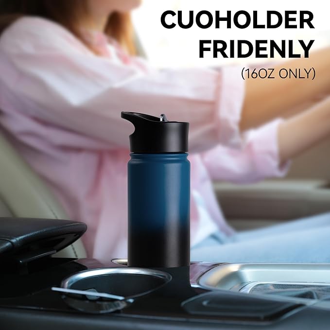 16 oz Insulated Water Bottle Bulk 4 Pack, Straw & Spout Lid, Keep Cold 24H, Spill Proof, BPA-Free, Double Wall, Stainless Steel Kids Water Bottles for School, Sports, Blue Black Gradient