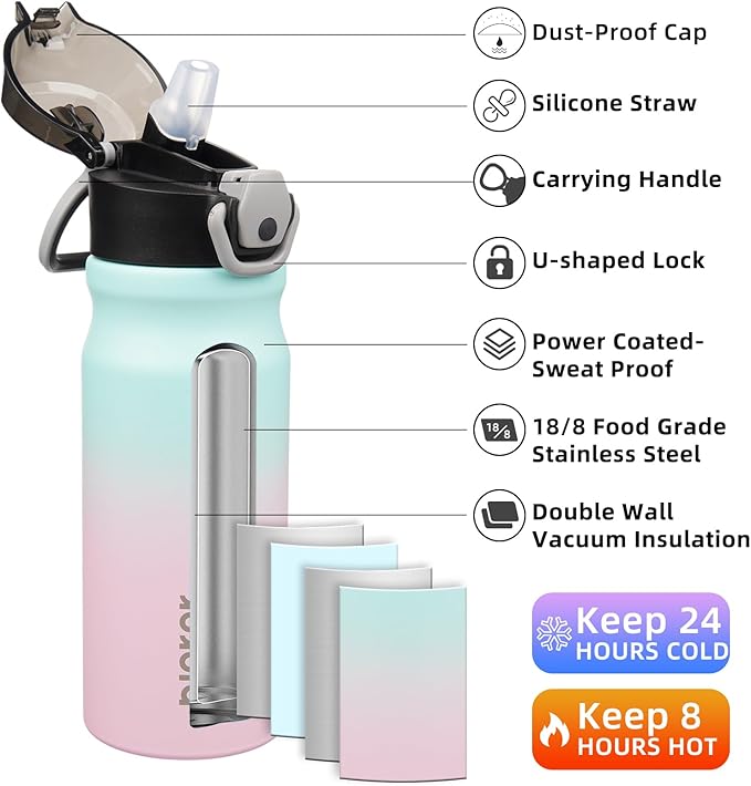BJPKPK 18oz Insulated Water Bottle with Straw Stainless Steel Double Wall Water Bottles BPA Free Leak Proof Thermal Flask with Lockable Flip Lid and Soft Silicone Spout,Bubble Gum