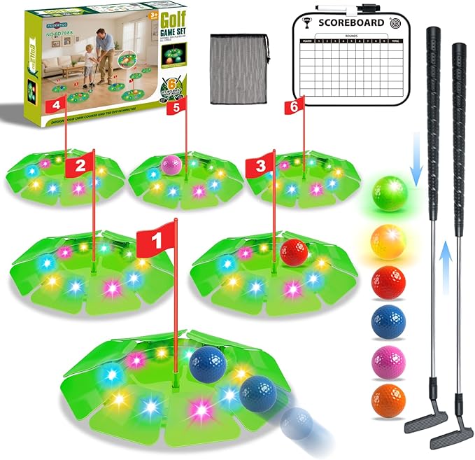 Light Up Golf Play Set - Upgraded Kids Toy Golf Putting Game Set with 6 LED Targets, 2 Clubs, 6 Balls (2 Glow), Night Golf Toys Gifts for Kids Golfers Family Indoor Outdoor Beach Lawn Park