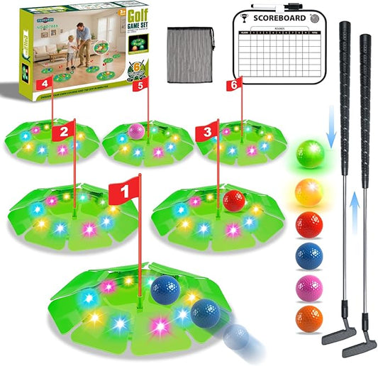 Light Up Golf Play Set - Upgraded Kids Toy Golf Putting Game Set with 6 LED Targets, 2 Clubs, 6 Balls (2 Glow), Night Golf Toys Gifts for Kids Golfers Family Indoor Outdoor Beach Lawn Park
