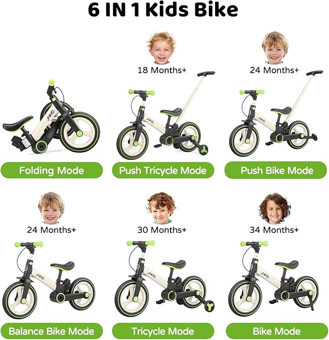 JMMD Toddler Bike with Push Handle for Kids 18-60 Months, 6 in 1 Foldable Push Bike with Training Wheels, Pedals, Brakes, Kickstand, Kid Balance Bike Gift & Toys for Boy & Girl