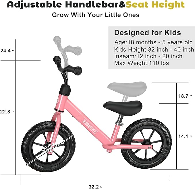 Bobike Toddler Balance Bike Toys for 2 to 5 Year Old Girls Boys Adjustable Seat and Handlebar No-Pedal Training Bike Best Gifts for Kids