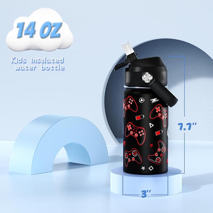 14oz Kids Insulated Water Bottle with Straw Lid - 18/8 Stainless Steel Kid Cup Travel Tumbler Double Wall Vacuum Leak Proof Portable Toddler Water Bottle (Game Blue+Red）