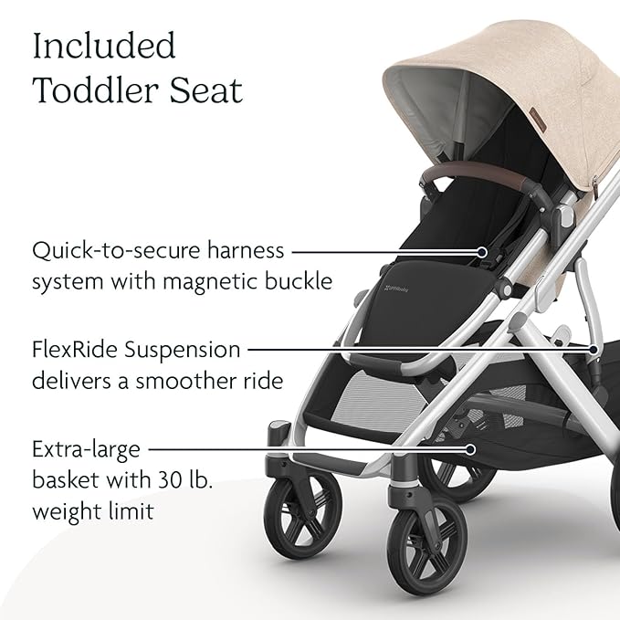 UPPAbaby Vista V3 Stroller - Full-Size Single-to-Double Stroller System - Toddler Seat, Bug Shield, Rain Shield, and Storage Bag Included - Declan (Oat Mélange/Silver Frame/Chestnut Leather)
