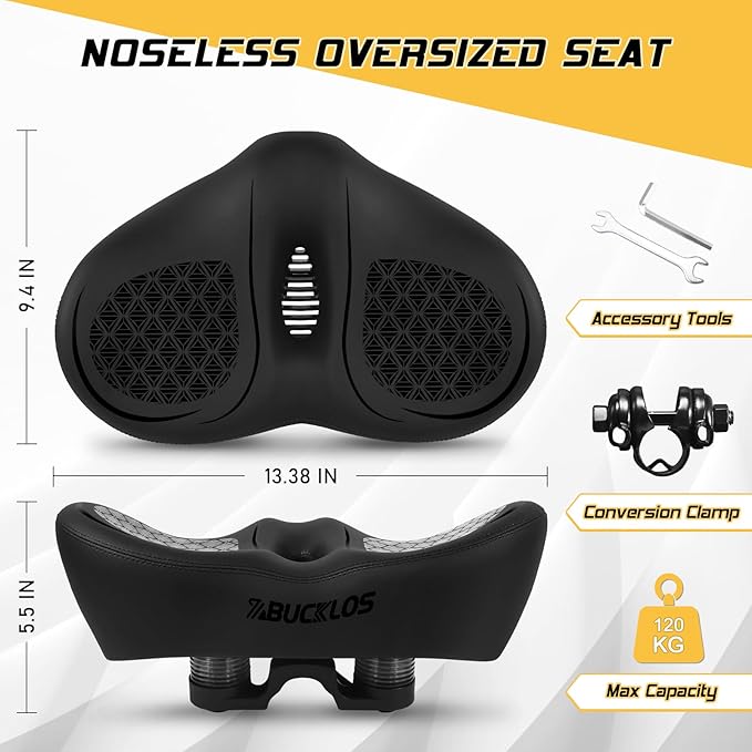 BUCKLOS New Noseless Bike Seat for Comfort Men&Women Extra Wide Bicycle Seat Cushion Oversized Comfortabele Foam Padded Bike Saddle for Peloton Exercise Bike Ebike Cruiser Bikes