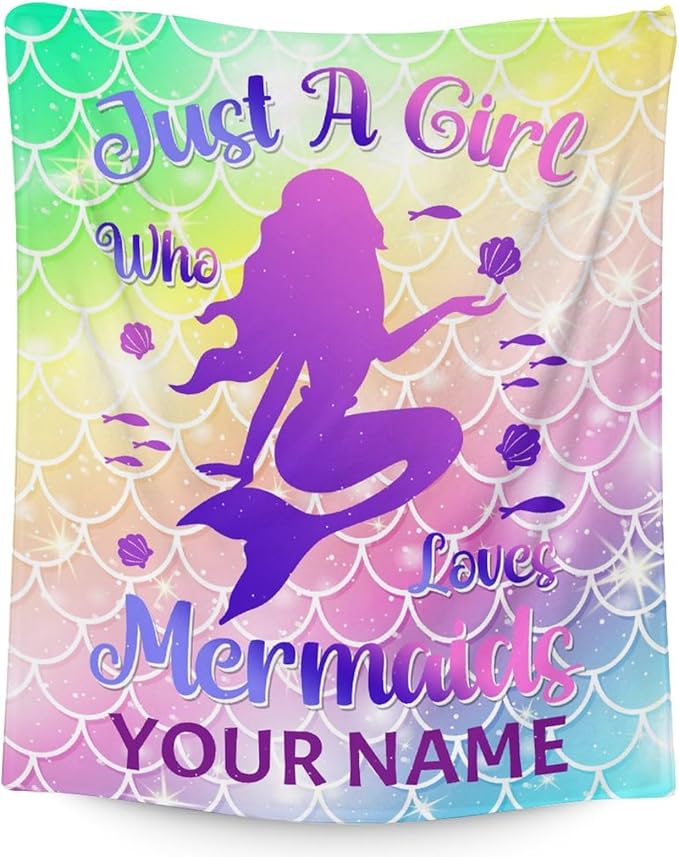 Personalized Mermaid Blanket with Name - Soft, Fuzzy & Warm - 50"x60" Throw Size Blanket for Bed, Couch, Sofa - Colorful Cute Throw Gifts for Girls