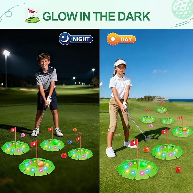 Light Up Golf Play Set - Upgraded Kids Toy Golf Putting Game Set with 6 LED Targets, 2 Clubs, 6 Balls (2 Glow), Night Golf Toys Gifts for Kids Golfers Family Indoor Outdoor Beach Lawn Park