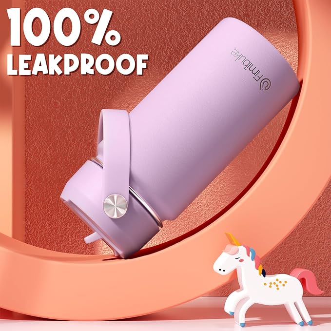 Fimibuke Kids Insulated Water Bottle, 14oz BPA FREE 18/8 Stainless Steel Travel Tumbler Double Wall Vacuum Leak Proof Kids Cup with Straw Metal Water Bottle for School Boys Girls(1 Pack, Lilac)
