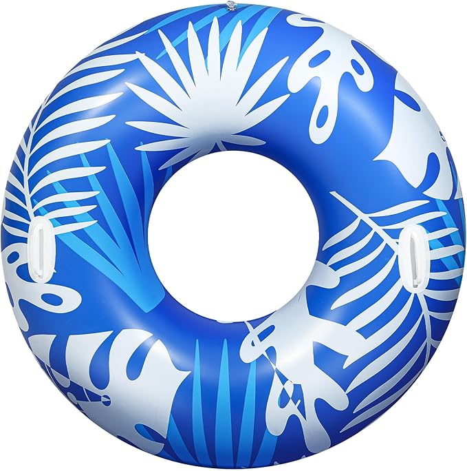 HeySplash Pool Tubes for Adult, 42 Inch Large Pool Floats with Handles, Inflatable Swim Rings Lounge, Hawaii Fun Swim Floaties Swimming Pool Beach Lake River Party Decoration Toys, Blue+White Leaves