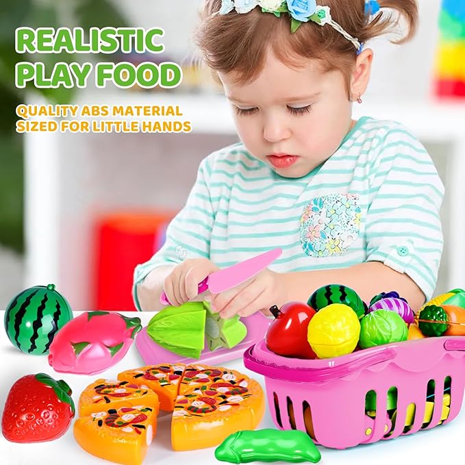 Shemira 100 PCS Cutting Play Food Toy for Kids Kitchen, Pretend Food Toys for Toddlers, Play Kitchen Toys Accessories with 2 Baskets, for 3 4 5 Years Old Boys Girls, Pink