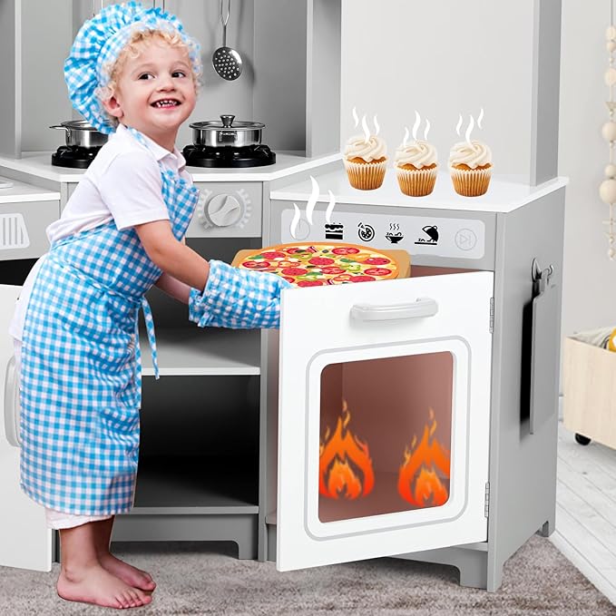 JOYLDIAS Kids Play Kitchen,Corner Wooden Pretend Toddler Kitchen Toys Playset, Realistic Lights & Sounds,Microwave Oven,Water Dispenser, Phone, Sink,Cooking Accessories, for Toddlers Ages 3+, White