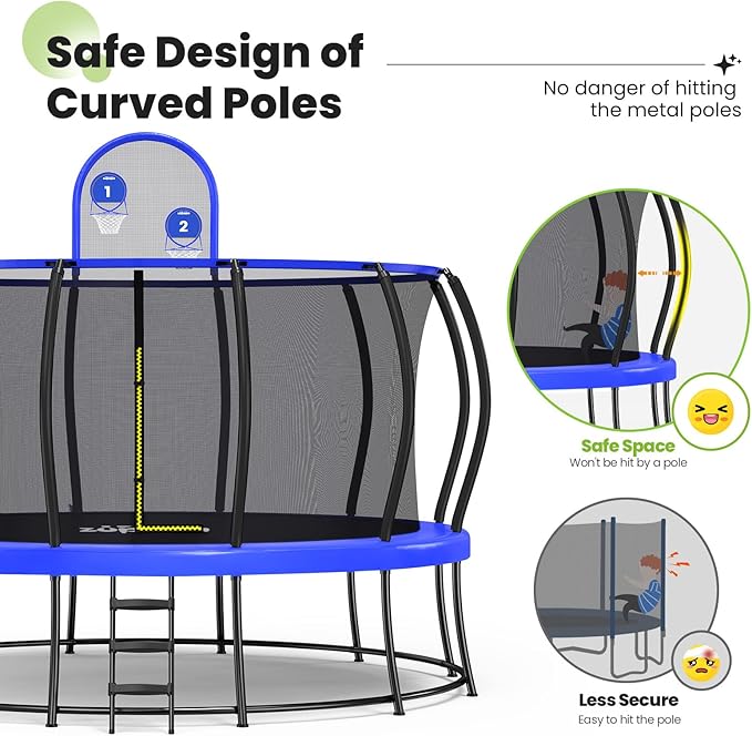 Zupapa No-Gap Design 16 15 14 12 10FT Trampoline with Safety Enclosure Net and Non-Slip Ladder 10-Year Quality Assurance Perfect for Kids Family Outdoor Backyard Fun