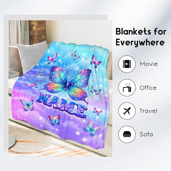 Custom Kids Blanket - Butterfly Gifts for Girls - Soft Flannel Cute Throws for Office, Sofa Room Decor, 4 Size