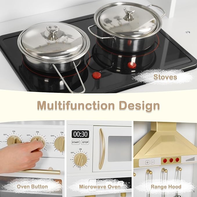 Kids Kitchen Playset, Wooden Play Kitchen with Toy Storage System, Pretend Play Kitchen Set Toy with Range Hood, Ice Maker & Coffee Maker, for Kids Ages 3+, White