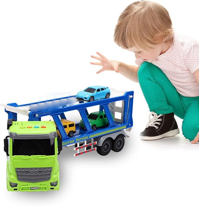 Alomejor Truck Toy, Double Deck Transport Truck with 4 Race Cars Music Light Friction Powered for Kids Boys Toddlers Vehicle Play Set