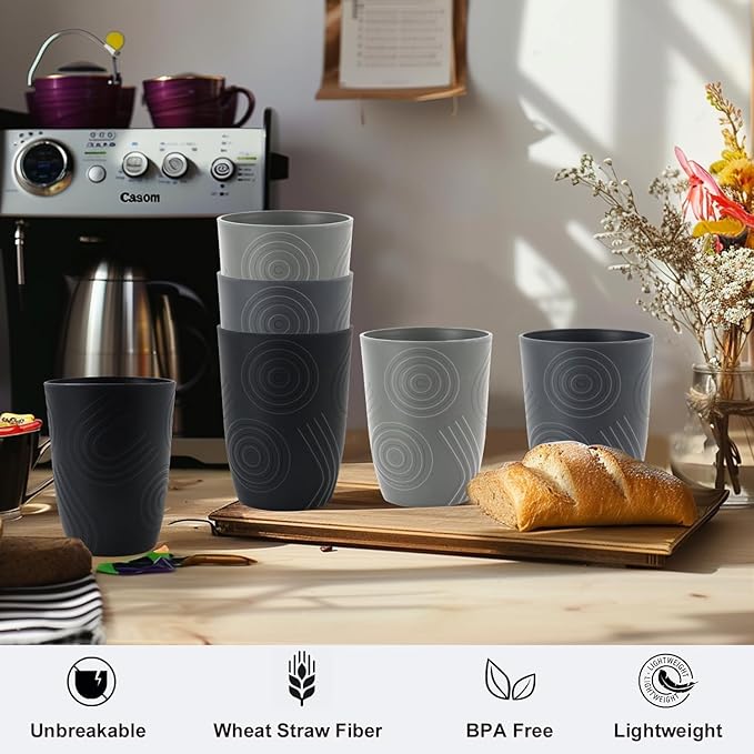 6 Pack Wheat Straw Cups 12 oz, Plastic Cups Reusable Drinking Glasses, Small Kids Cup, Unbreakable Water Tumblers Set Kitchen Cup Dishwasher Safe (Black, Grey)