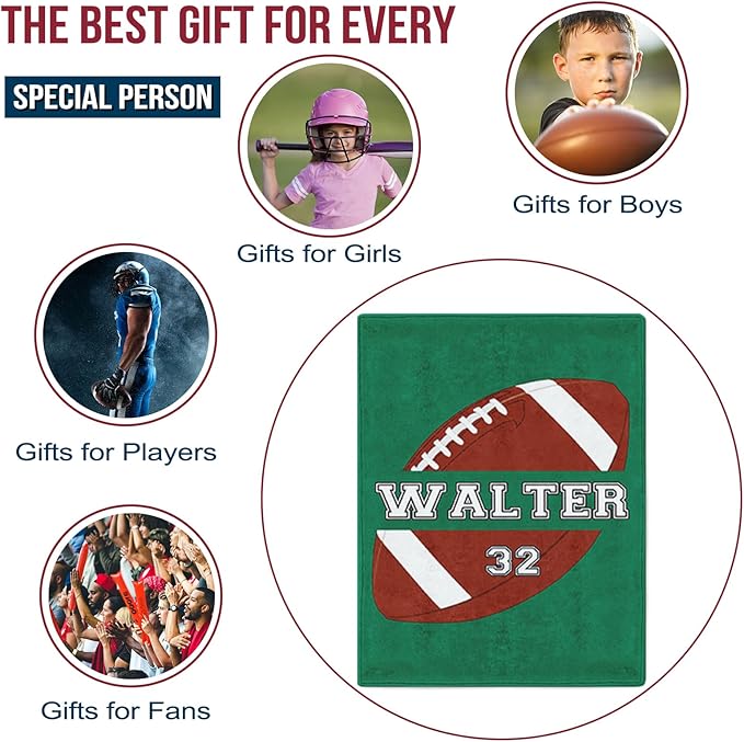 Personalized Football Blankets with Name Numbers, Custom Football Team Game Throw Flannel Blankets Stuff Gifts for Boys Sports Lover Fans Kids Adult