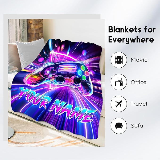 Gaming Blanket for Boys - Personalized Gamer Gifts for Kids, 30"x40" Video Game Throw for Teen Child - Custom Boys Bedroom Decor with Name