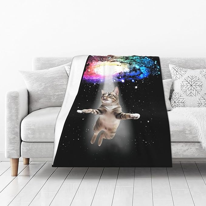 Funny Cat Blanket Space Cat Lover Gifts Throw Blankets for Girls Boys Adult Women Men Kids Plush Cozy Flannel Fleece Ultra Soft Fuzzy Nebula Galaxy Kitten Party Blanket 50"X40"