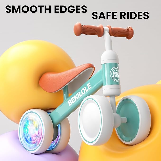 BEKILOLE Light Up Wheel Baby Balance Bike | 1 Year Old Boy Gifts & First Birthday Toy | Ride On Push Bike for One Year Old Boy Birthday Gifts Toddler Walker, Green & Brown