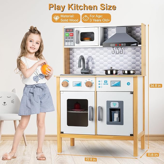 Play Kitchen for Kids Toddlers, Toy Kitchen Playset with Real Lights & Sounds, Wooden Play Kitchen with Cooking Set, Ice Maker, Microwave, Oven for Girls Boys Ages 3+