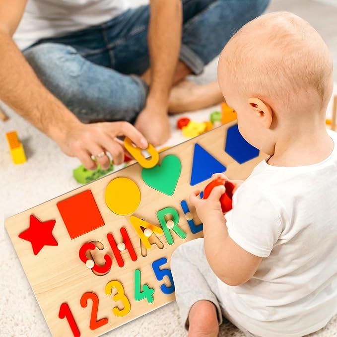 Baosity Personalized Name Puzzle for Kids, Custom Wooden Puzzles for Toddlers 1-3, Shape & Number Puzzle, Early Baby Toys, 1st Birthday Gifts Boy Girl, Gifts for Birthday Christmas Baby Shower