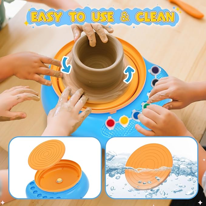Pottery Wheel for Kids– Complete DIY Pottery Painting Kit for Ages 8-12 Beginners with 4 Air-Dry Clay Packs and Tools, Arts & Crafts Supplies Toys Birthday Gift for Boys Girls 6+ Years Old (Blue)