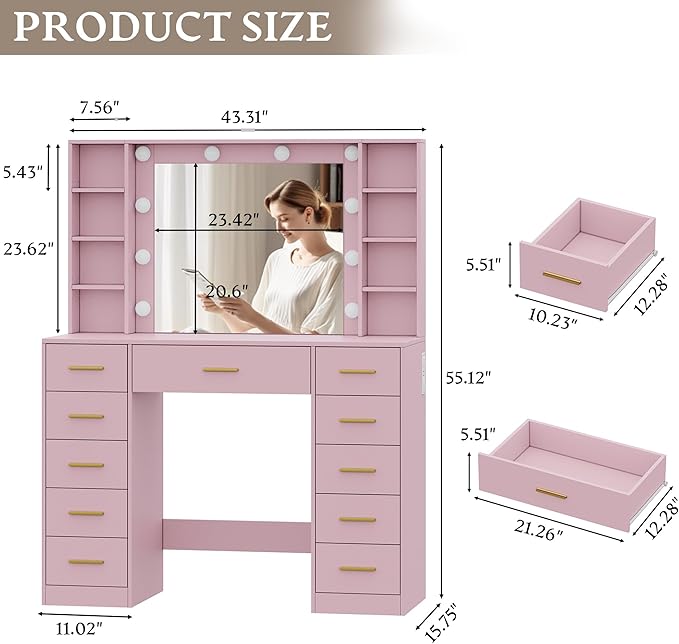 Makeup Vanity with Drawers, 43" Pink Vanity Desk with Mirror and Lights, 11 Drawers & 4 Shelves, Power Outlet & Adjustable LED Lights, Dressing Table for Women & Girls Bedroom