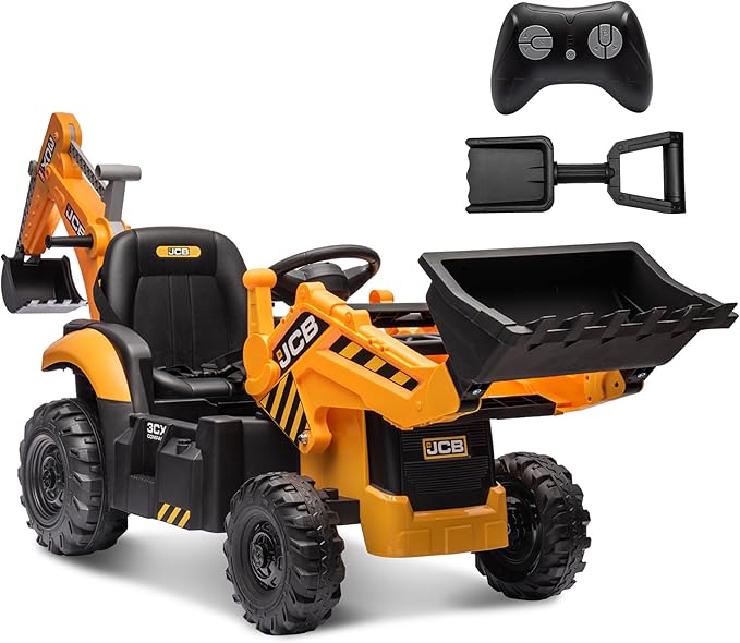 24V Excavator Ride on Toy, Licensed JCB 3CX Electric Backhoe Loader Car for Kids, Ride on Digger, Bulldozer & Construction Vehicles w/Remote Control, Bluetooth Music, Moving Parts, Adjustable Seat