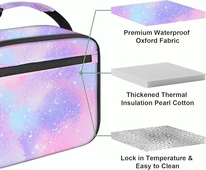 Kids Lunch Box for Boys Girls Lunch Bag Insulated Durable Lunchbox Children Lunch Tote Bag for School Pink Starry Sky