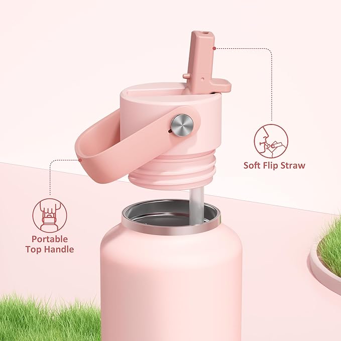 POWCAN 18 oz Water Bottle Insulated: Leakproof, Cold for 24H, CupHodler Friendly, Lid with Straw and Handle, Lightweight, Stainless Steel Water Bottle Kids for Camping, Gift for Girls (Cotton Candy)