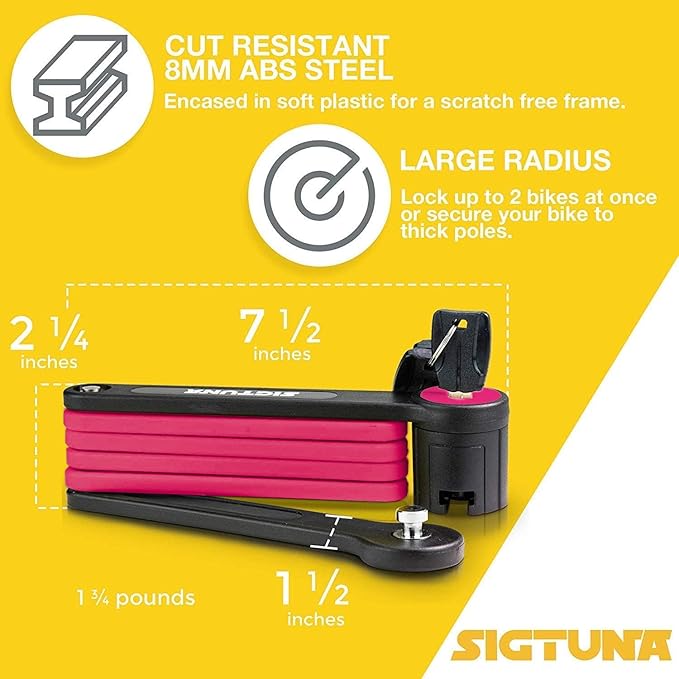 SIGTUNA Folding Bike Lock - Hardened Steel 8mm Fold-Up Heavy Duty Bike Lock with Easy Mounting, Secure Lock and Anti-Scratch Coating - Easily Keep Bike Secure and Paintwork Undamaged - Bicycle Lock