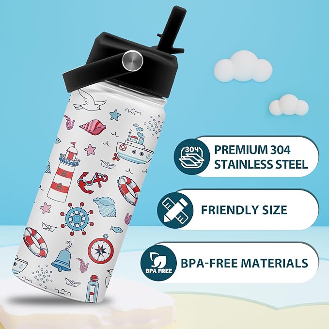 Nautical Gifts for Kids Boys, 16 oz Water Bottles with Straw Lid, Stainless Steel Insulated Ocean Water Bottle for Travel Outdoor, Navigation Lighthouse Cups Gifts for Birthday Christmas