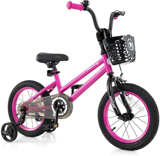 BABY JOY Starry Kids Bike, 12 14 16 18 Inch Bicycle with Training Wheels, Storage Basket, Adjustable Handlebar & Seat, Handbrake & Coaster Brake, Girls Boys Bike