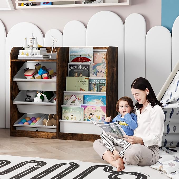 Rustic Kids Wood Bookshelf Toy Storage Box Organizer Shelf W/4 Removable Plastic Toy Bins Children Bookcase Toddler Baby Sling Book Rack Cabinet Chest Girl Boy Gift Playroom Classroom Bedroom Nursery