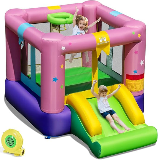 BOUNTECH Inflatable Bounce House, Bouncy House for Kids 3-12 Indoor Outdoor w/480W Blower, Jumping Area, Slide, Basketball Game, Mini Bounce House for Toddler Boys Girls Birthday Party Backyard Gifts